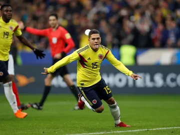 Juan Quintero celebra el gol de la victoria de Colombia en Saint Denis Juan Quintero celebra el gol de la victoria de Colombia en Saint Denis