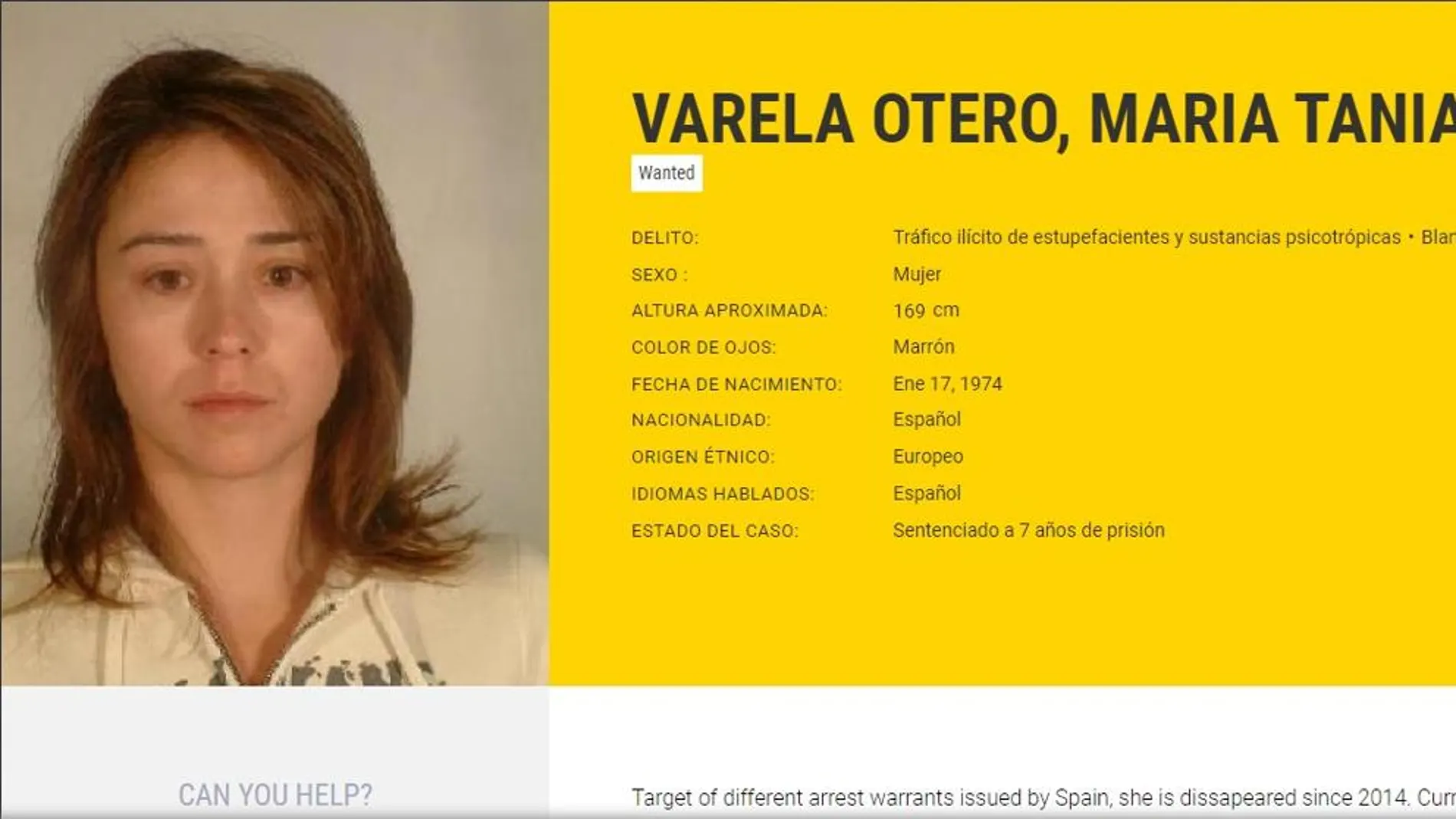 Tania Varela, en la ficha pública de Europol Tania Varela, en la ficha pública de Europol