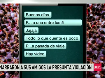 Los mensajes que compartieron los detenidos por violación en Sanfermines: "Follándonos a una entre los 5" Los mensajes que compartieron los detenidos por violación en Sanfermines: "Follándonos a una entre los 5"