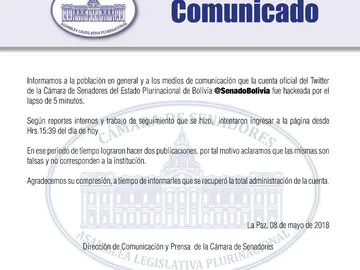 Hackeada la cuenta del Senado de Bolivia Hackeada la cuenta del Senado de Bolivia