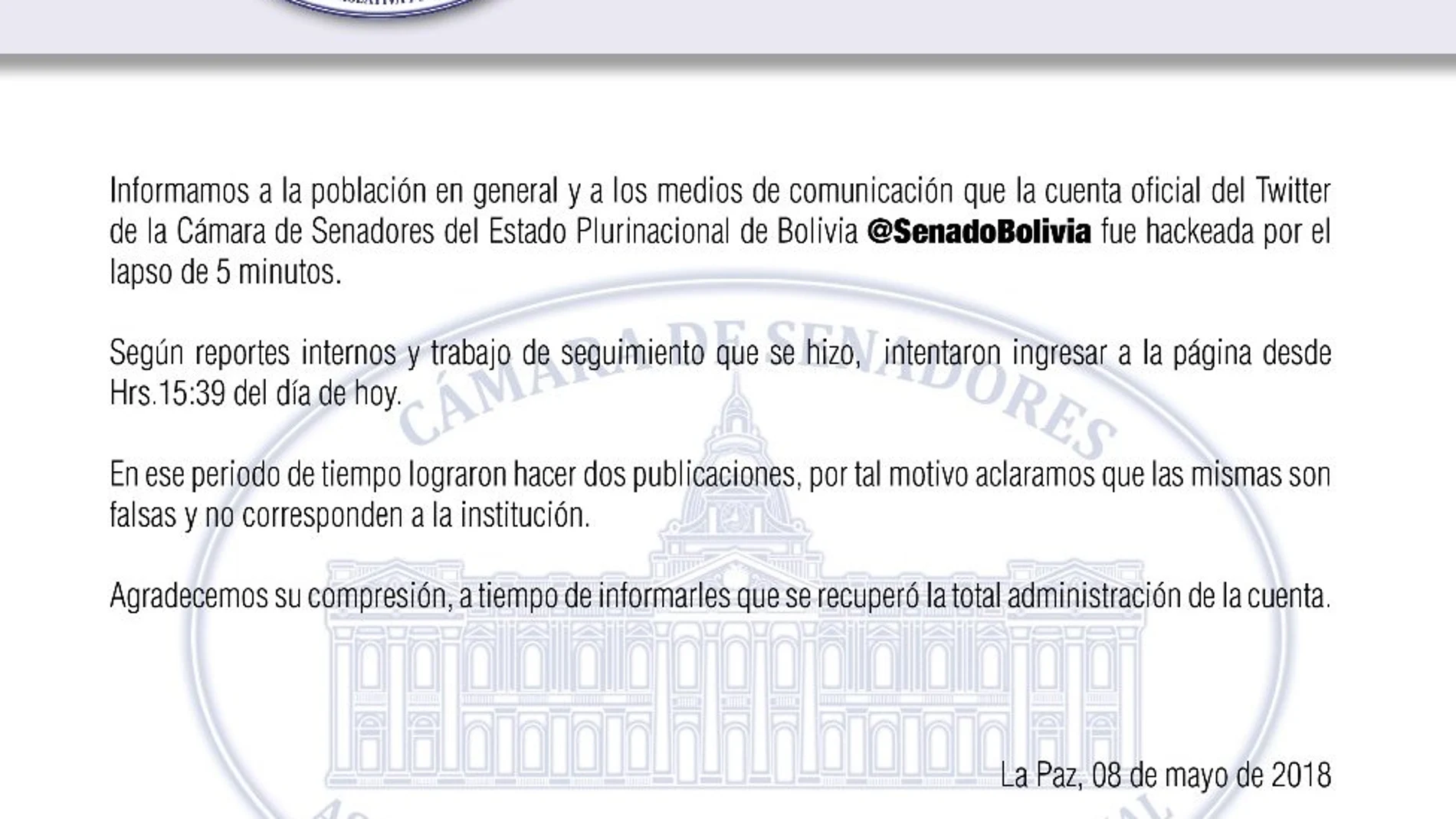 Hackeada la cuenta del Senado de Bolivia Hackeada la cuenta del Senado de Bolivia