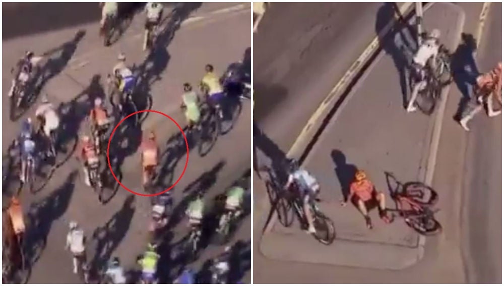 Un ciclista finge caerse para descansar