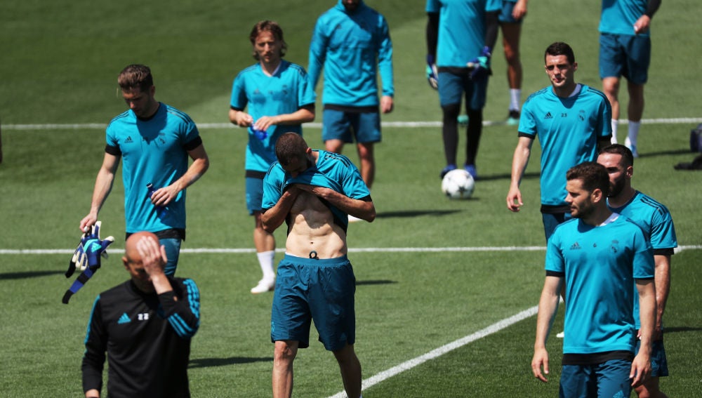 Karim Benzema, en el entrenamiento del Real Madrid