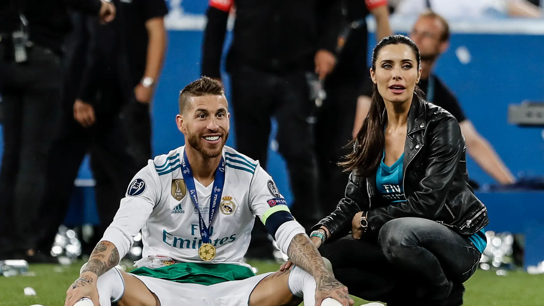Pilar Rubio y Sergio Ramos tras ganar el Real Madrid la decimotercera Champions League