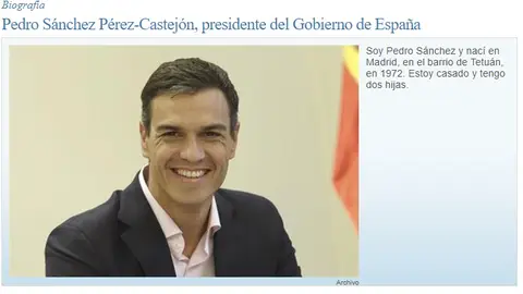 Biografía Pedro Sánchez en la web de Moncloa Biografía Pedro Sánchez en la web de Moncloa