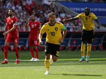 Hazard celebra uno de sus goles contra Túnez Hazard celebra uno de sus goles contra Túnez
