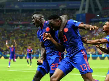 Los jugadores colombianos celebran el gol de Yerry Mina Los jugadores colombianos celebran el gol de Yerry Mina