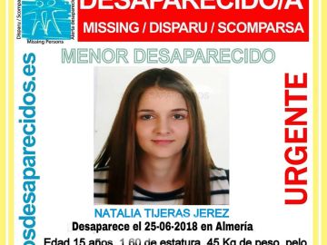 Imagen de Natalia Tijeras, la menor desaparecida en Almería