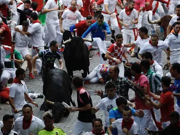 Imagen del encierro de San Fermín protagonizado por los toros de Victoriano del Río Imagen del encierro de San Fermín protagonizado por los toros de Victoriano del Río
