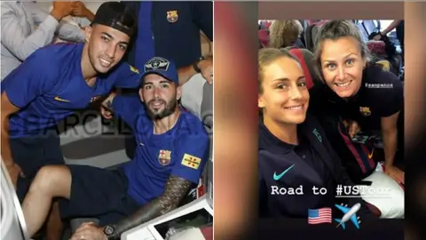 El avión del viaje del Barcelona con su equipo masculino y femenino El avión del viaje del Barcelona con su equipo masculino y femenino