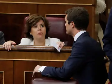 El presidente del PP, Pablo Casado, y la exvicepresidenta del Gobierno Soraya Saénz de Santamaría El presidente del PP, Pablo Casado, y la exvicepresidenta del Gobierno Soraya Saénz de Santamaría