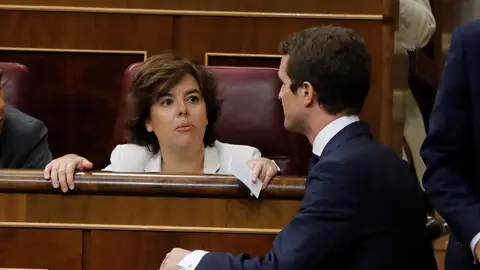El presidente del PP, Pablo Casado, y la exvicepresidenta del Gobierno Soraya Saénz de Santamaría El presidente del PP, Pablo Casado, y la exvicepresidenta del Gobierno Soraya Saénz de Santamaría