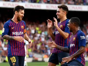 Los jugadores del Barça celebran el gol de Messi Los jugadores del Barça celebran el gol de Messi