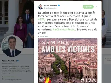 Tuit Pedro Sánchez por el aniversario de los atentados de Cataluña Tuit Pedro Sánchez por el aniversario de los atentados de Cataluña