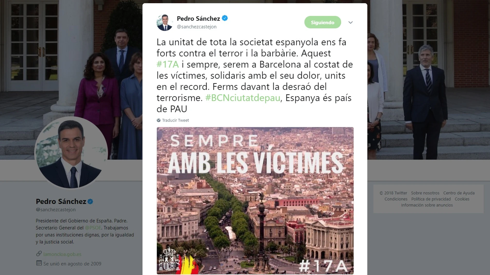Tuit Pedro Sánchez por el aniversario de los atentados de Cataluña Tuit Pedro Sánchez por el aniversario de los atentados de Cataluña