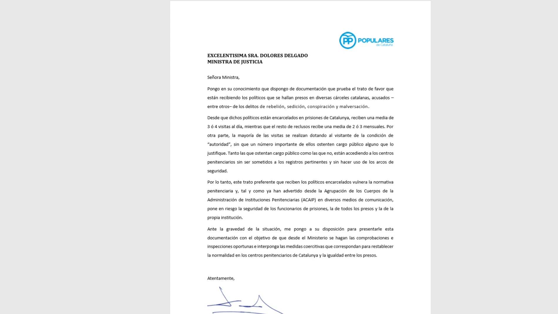 Carta de Xavier García Albiol a la ministra de Justicia Carta de Xavier García Albiol a la ministra de Justicia