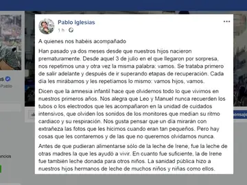 Iglesias y Montero agradecen a los que les han "acompañado" en la recuperación de sus hijos: "Todo ha sido posible gracias a los profesionales de la sanidad pública y al apoyo de nuestra gente" Iglesias y Montero agradecen a los que les han "acompañado" en la recuperación de sus hijos: "Todo ha sido posible gracias a los profesionales de la sanidad pública y al apoyo de nuestra gente"
