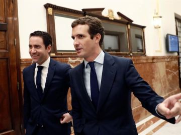 El presidente del PP, Pablo Casado, y el secretario general del PP, Teodoro García Egea