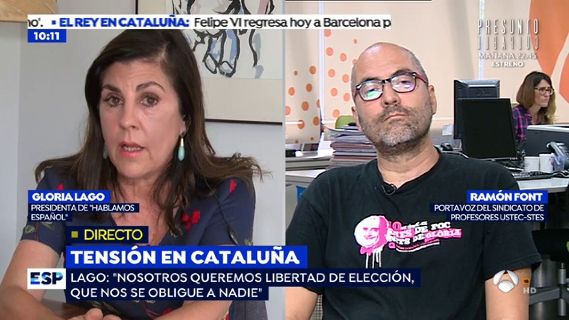 Presidenta de 'Hablamos Espa&ntilde;ol' al sindicato de profesores USTEC-STEs: " Quer&eacute;is que unos ni&ntilde;os estudien en catal&aacute;n, su lengua materna, y otros no"