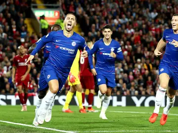 Hazard celebra su golazo contra el Liverpool Hazard celebra su golazo contra el Liverpool
