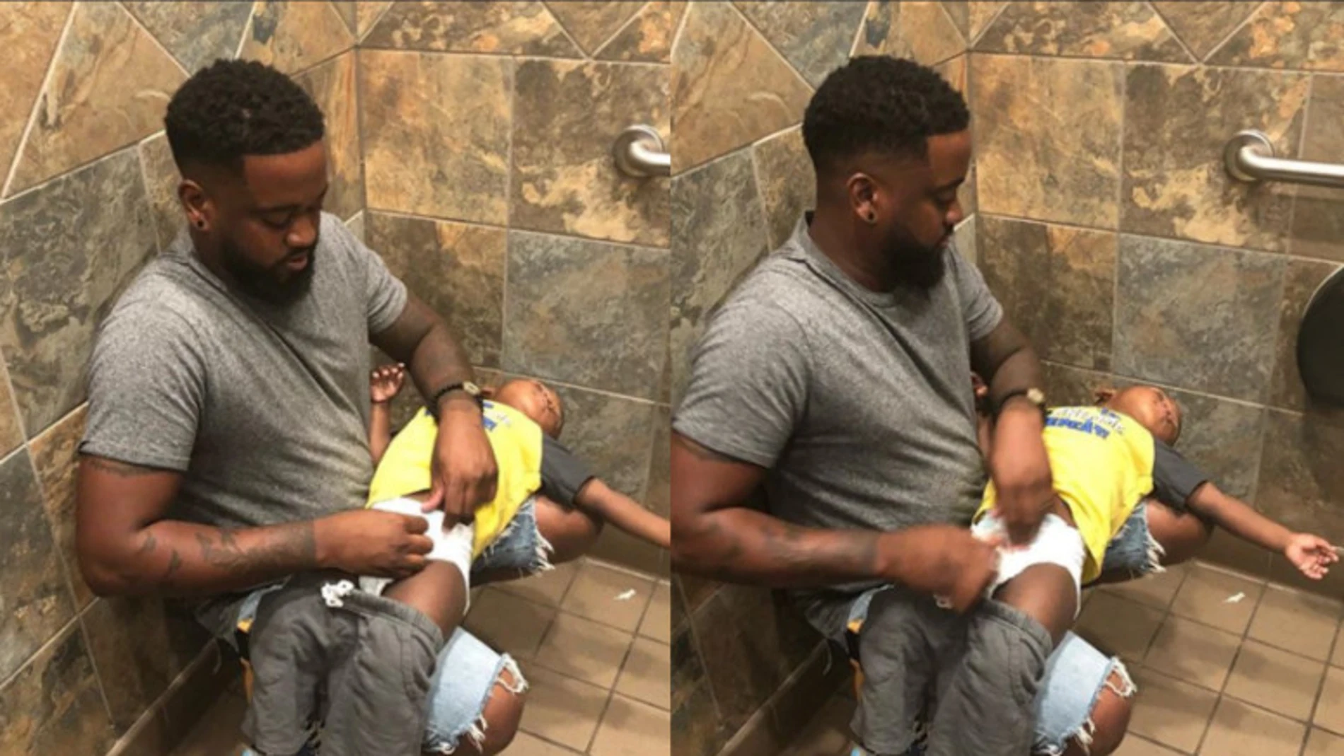 Un padre cambia los pañales de su hijo en un baño sin cambiador Un padre cambia los pañales de su hijo en un baño sin cambiador