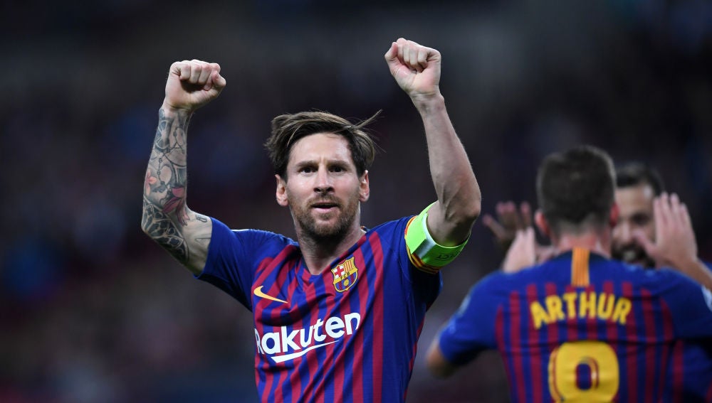 Leo Messi - Imagen vía: Antena 3 Leo Messi celebra un gol en Wembley