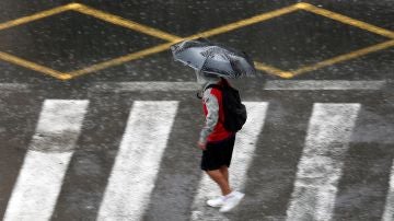 Una persona se protege de la lluvia con un paraguas Una persona se protege de la lluvia con un paraguas