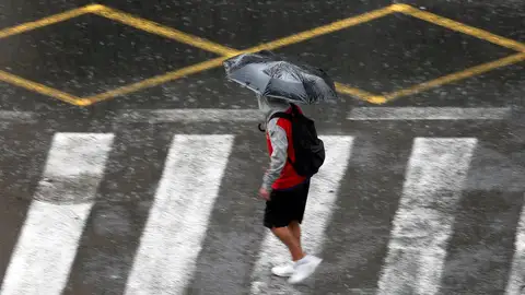 Una persona se protege de la lluvia con un paraguas. Una persona se protege de la lluvia con un paraguas