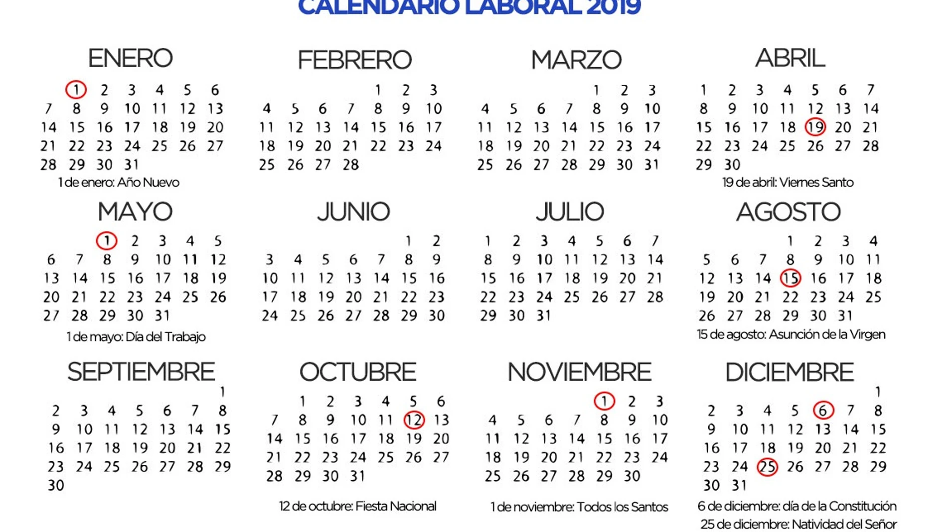 Calendario laboral 2019 Calendario laboral 2019