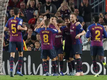Los jugadores del Barça celebran uno de los goles contra el Sevilla Los jugadores del Barça celebran uno de los goles contra el Sevilla