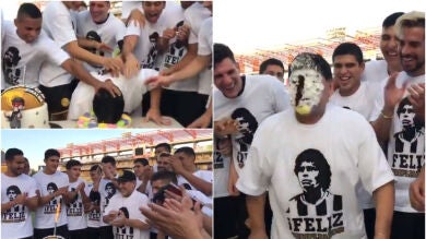 Maradona acaba con la cara metida en una tarta en la celebración de su 58 cumpleaños