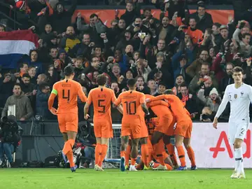 Los jugadores holandeses celebran el gol a Francia Los jugadores holandeses celebran el gol a Francia