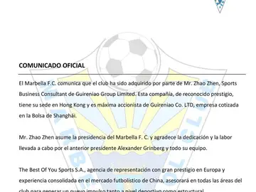 El comunicado del Marbella anunciando la venta del equipo a Zhao Zhen El comunicado del Marbella anunciando la venta del equipo a Zhao Zhen