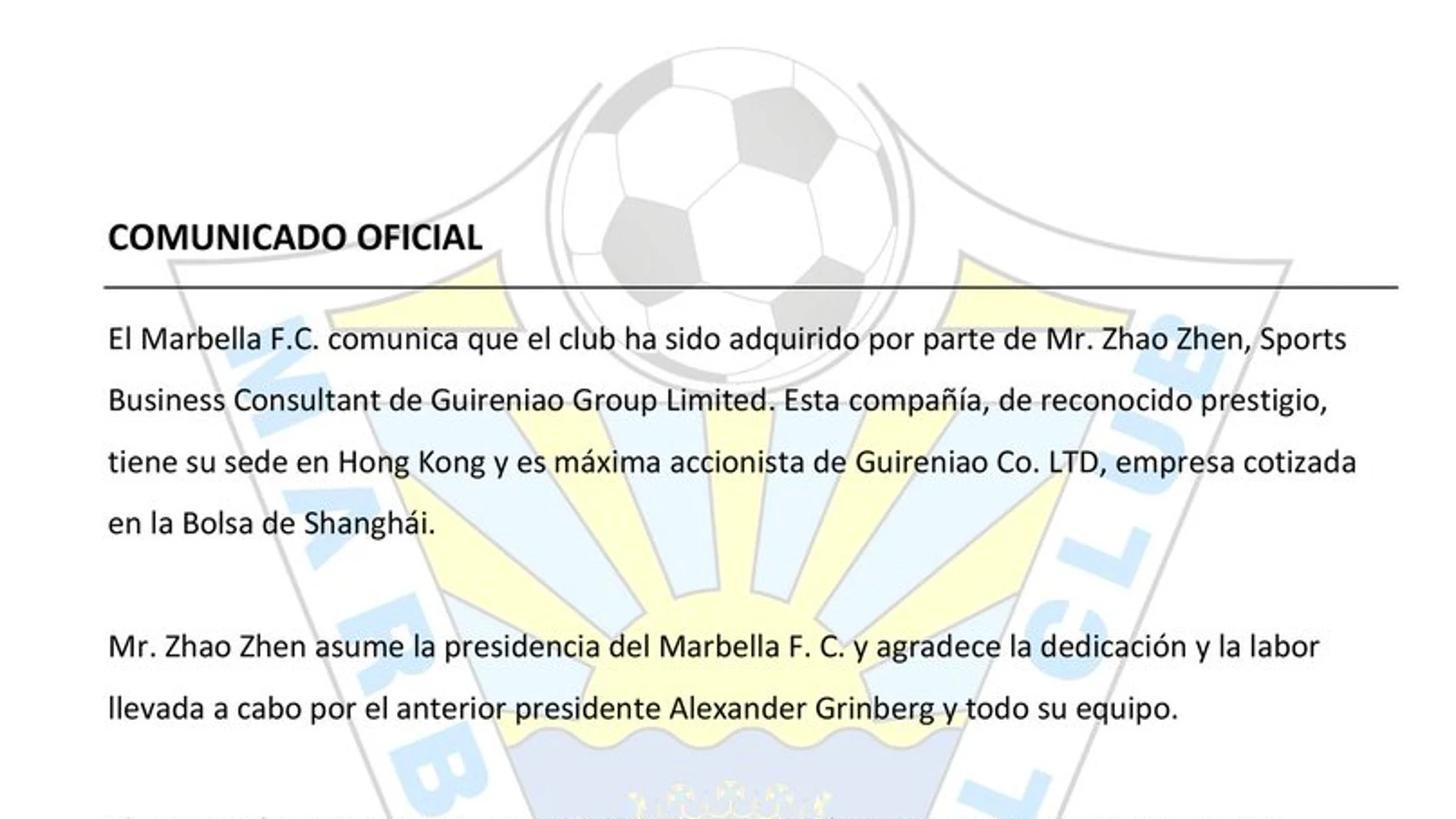 El comunicado del Marbella anunciando la venta del equipo a Zhao Zhen El comunicado del Marbella anunciando la venta del equipo a Zhao Zhen