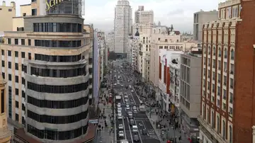 La Gran Vía de Madrid a vista de pájaro desde la Plaza de Callao La Gran Vía de Madrid a vista de pájaro desde la Plaza de Callao