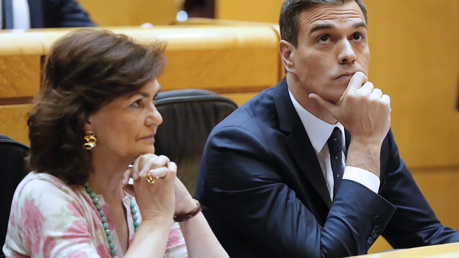 Pedro Sánchez y Carmen Calvo en la la sesión plenaria del Senado. Pedro Sánchez y Carmen Calvo en la la sesión plenaria del Senado.