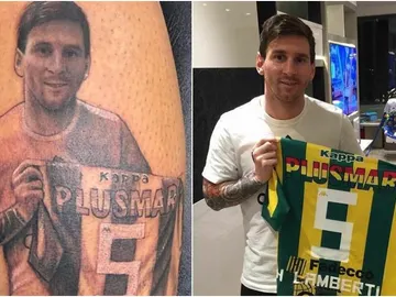 El tatuaje de Lamberti con la foto de Messi posando con su camiseta El tatuaje de Lamberti con la foto de Messi posando con su camiseta