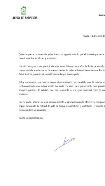 Carta de Susana Díaz a los funcionarios de la Junta de Andalucía Carta de Susana Díaz a los funcionarios de la Junta de Andalucía