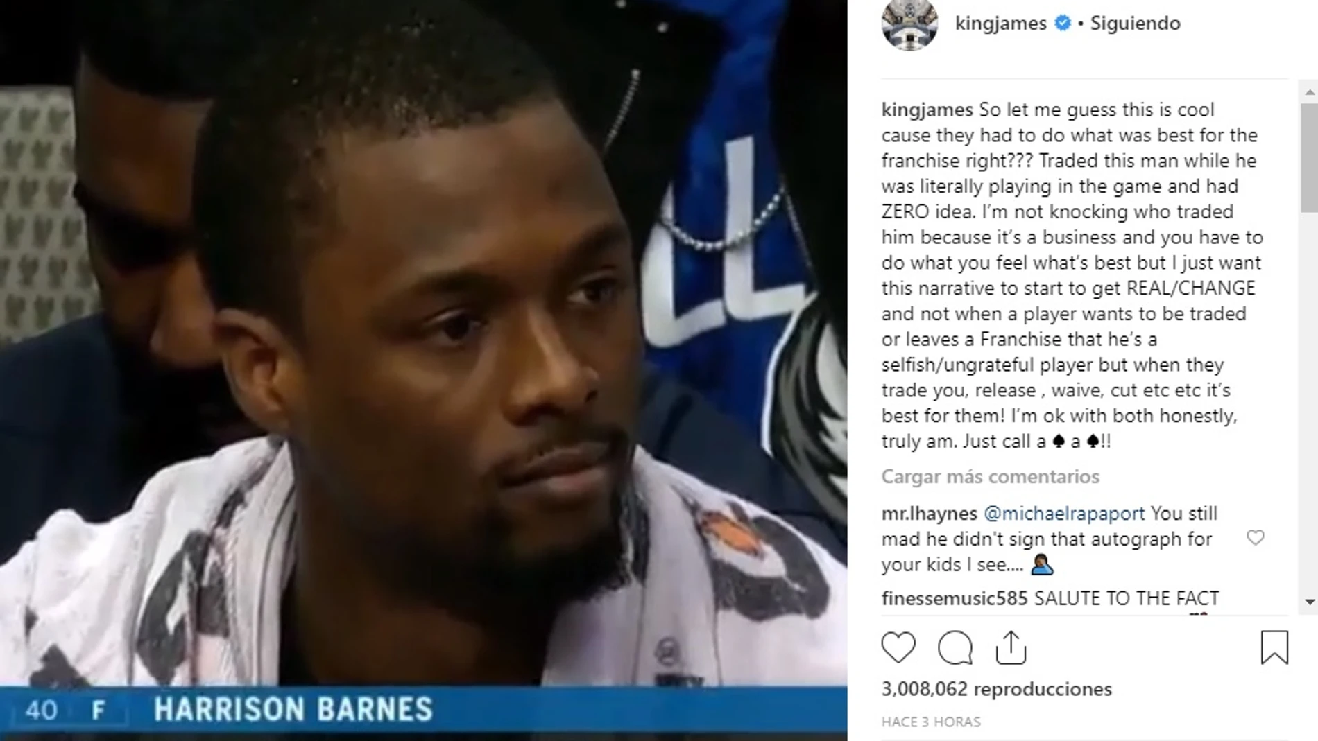 LeBron James critica el traspaso de Harrison Barnes en pleno partido LeBron James critica el traspaso de Harrison Barnes en pleno partido