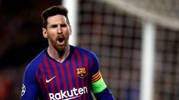 Leo Messi celebra un gol ante el Olympique de Lyon