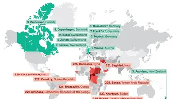 Mapa de las mejores y peores ciudades del mundo para vivir Mapa de las mejores y peores ciudades del mundo para vivir