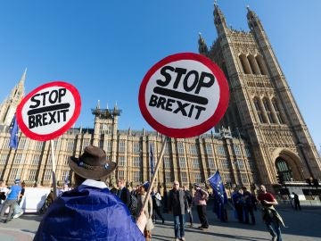 Un hombre se manifiesta contra el ''brexit'' durante una protesta en el exterior del Parlamento británico Un hombre se manifiesta contra el ''brexit'' durante una protesta en el exterior del Parlamento británico