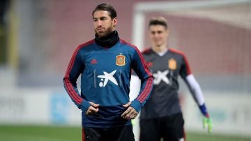 Sergio Ramos, entrenando con la selección española