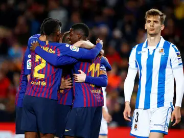 Los jugadores del Barcelona celebran un gol ante la Real Sociedad Los jugadores del Barcelona celebran un gol ante la Real Sociedad
