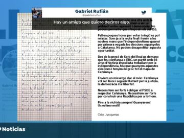 Rufián retuitea durante la jornada de reflexión una carta de Junqueras pidiendo que la gente apoye a ERC