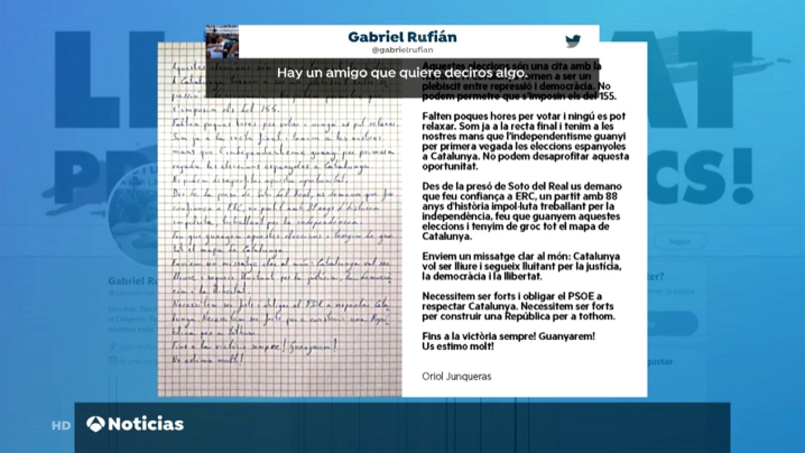 Rufián retuitea durante la jornada de reflexión una carta de Junqueras pidiendo que la gente apoye a ERC