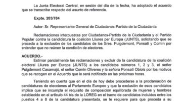 Escrito de la Junta Electoral Central sobre Puigdemont