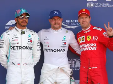 Hamilton, Bottas y Vettel, tras la clasificación del GP de España Hamilton, Bottas y Vettel, tras la clasificación del GP de España