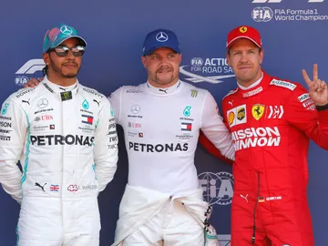 Hamilton, Bottas y Vettel, tras la clasificación del GP de España Hamilton, Bottas y Vettel, tras la clasificación del GP de España