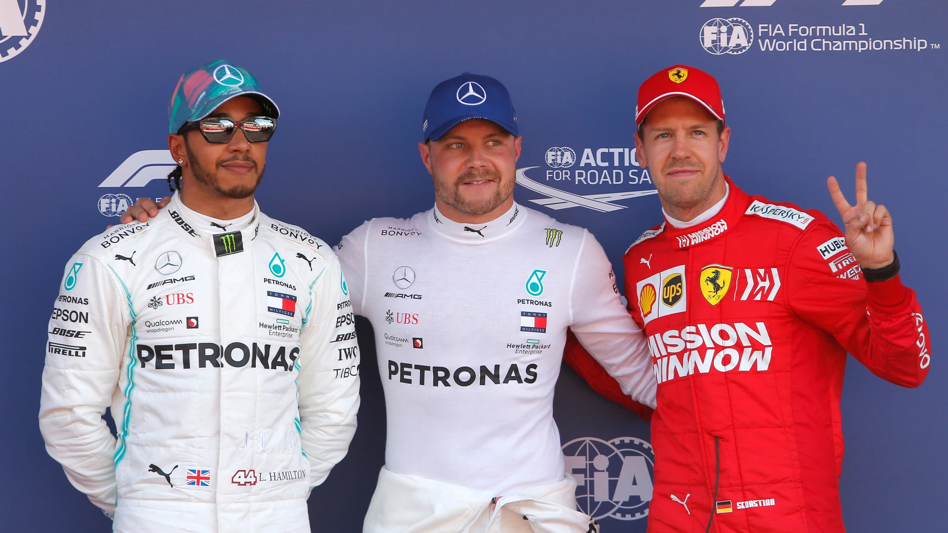 Hamilton, Bottas y Vettel, tras la clasificación del GP de España Hamilton, Bottas y Vettel, tras la clasificación del GP de España